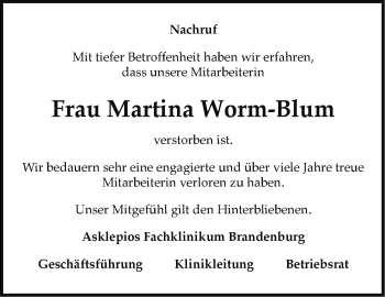 Traueranzeige von Martina Worm-Blum von Märkische Oderzeitung