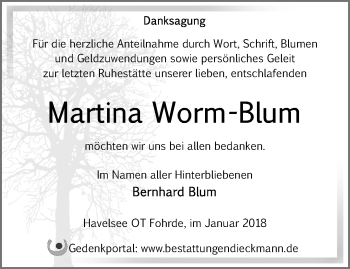 Traueranzeige von Martina Worm-Blum von Märkische Oderzeitung