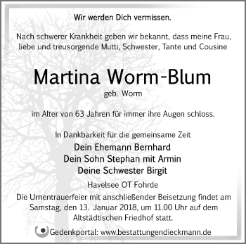 Traueranzeige von Martina Worm-Blum von Märkische Oderzeitung