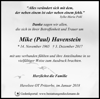 Traueranzeige von Mike Havenstein von Märkische Oderzeitung