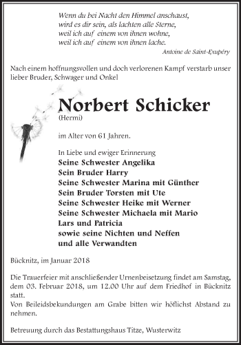 Traueranzeige von Norbert Schicker von Märkische Oderzeitung