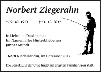 Traueranzeige von Norbert Ziegerahn von Märkische Oderzeitung