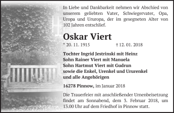 Traueranzeige von Oskar Viert von Märkische Oderzeitung