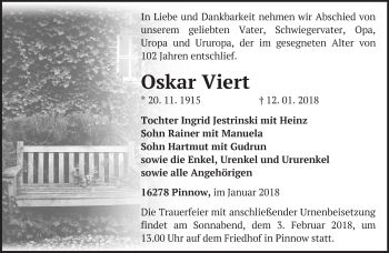 Traueranzeige von Oskar Viert von Märkische Oderzeitung