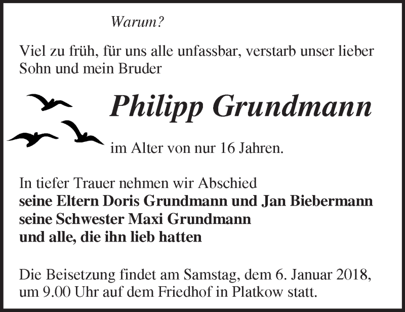  Traueranzeige für Philipp Grundmann vom 03.01.2018 aus Märkische Oderzeitung