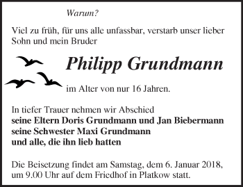 Traueranzeige von Philipp Grundmann von Märkische Oderzeitung