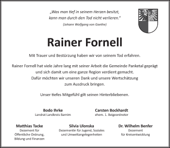 Traueranzeige von Rainer Fornell von Märkische Oderzeitung