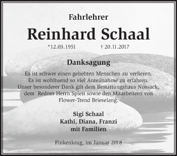 Traueranzeige von Reinhard Schaal von Märkische Oderzeitung