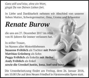 Traueranzeige von Renate Burow von Märkische Oderzeitung