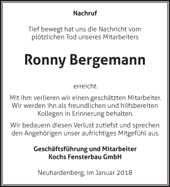 Traueranzeige von Ronny Bergemann von Märkische Oderzeitung