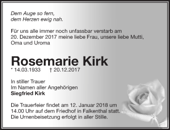 Traueranzeige von Rosemarie Kirk von Märkische Oderzeitung