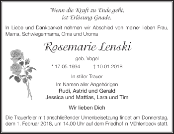 Traueranzeige von Rosemarie Lenski von Märkische Oderzeitung