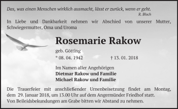 Traueranzeige von Rosemarie Rakow von Märkische Oderzeitung