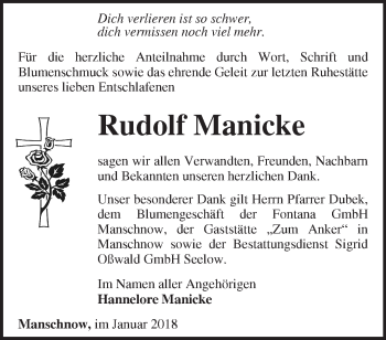 Traueranzeige von Rudolf Manicke von Märkische Oderzeitung