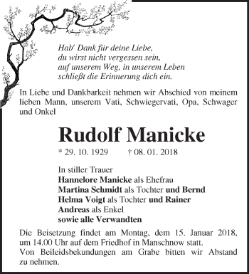 Traueranzeige von Rudolf Manicke von Märkische Oderzeitung