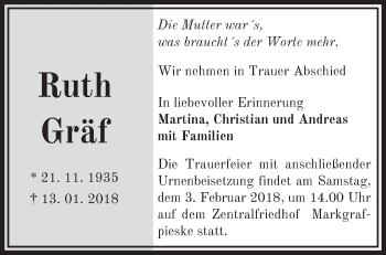 Traueranzeige von Ruth Gräf von Märkische Oderzeitung