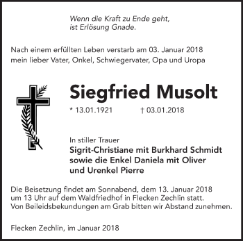 Traueranzeige von Siegfried Musolt von Märkische Oderzeitung