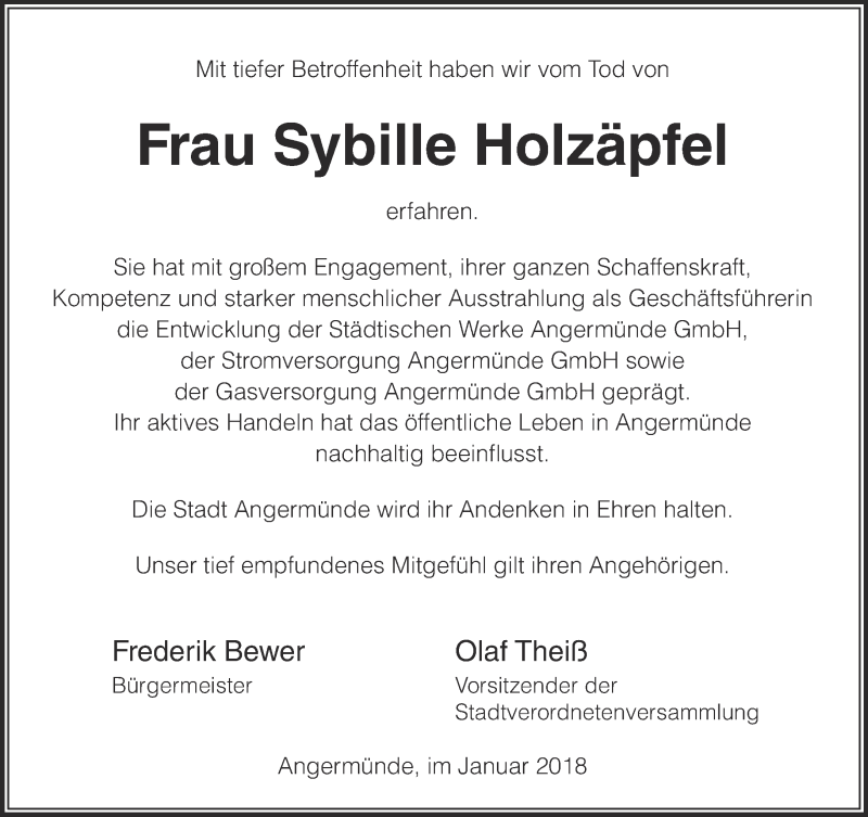  Traueranzeige für Sybille Holzäpfel vom 10.01.2018 aus Märkische Oderzeitung