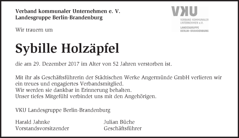  Traueranzeige für Sybille Holzäpfel vom 11.01.2018 aus Märkische Oderzeitung