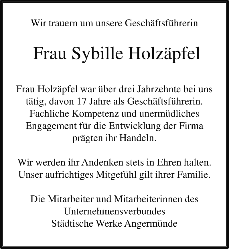  Traueranzeige für Sybille Holzäpfel vom 08.01.2018 aus Märkische Oderzeitung