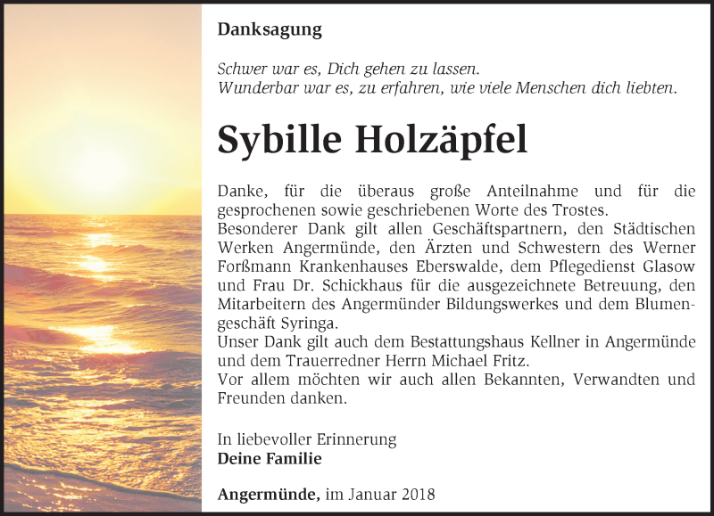  Traueranzeige für Sybille Holzäpfel vom 28.01.2018 aus Märkische Oderzeitung