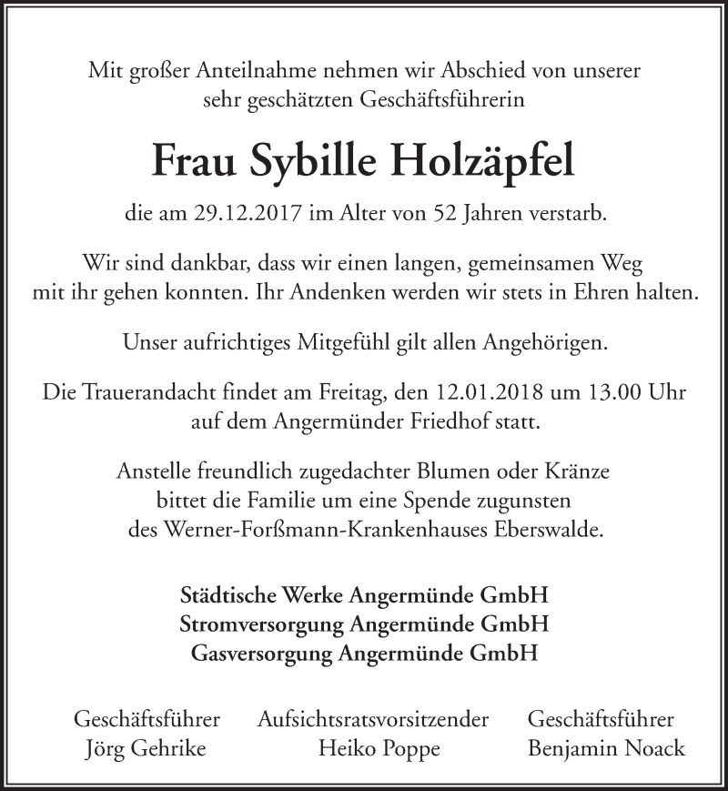  Traueranzeige für Sybille Holzäpfel vom 08.01.2018 aus Märkische Oderzeitung