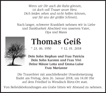 Traueranzeige von Thomas Geiß von Märkische Oderzeitung