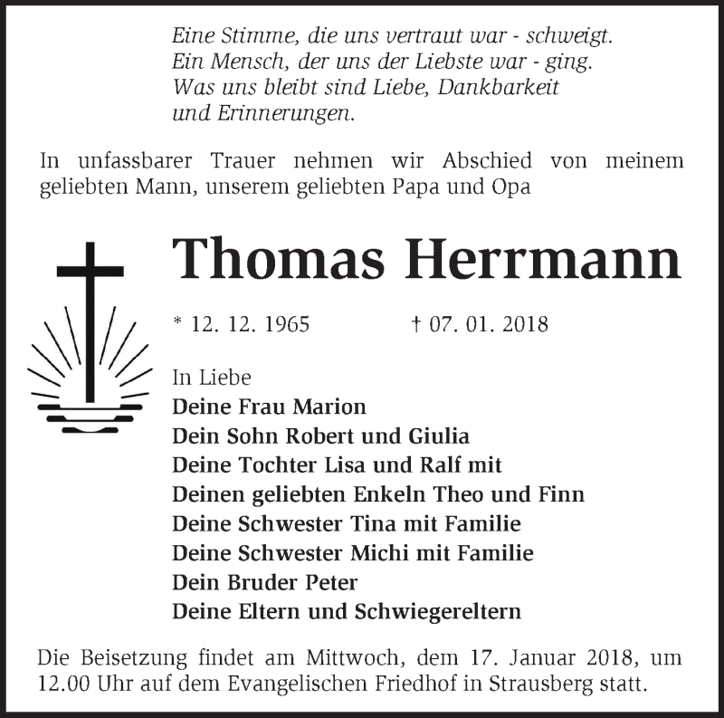  Traueranzeige für Thomas Herrmann vom 14.01.2018 aus Märkische Oderzeitung