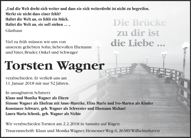  Traueranzeige für Torsten Wagner vom 20.01.2018 aus Märkische Oderzeitung