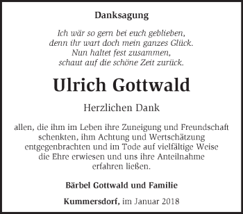 Traueranzeige von Ulrich Gottwald von Märkische Oderzeitung