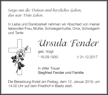 Traueranzeige von Ursula Fender von Märkische Oderzeitung