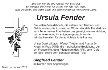 Traueranzeige von Ursula Fender von Märkische Oderzeitung