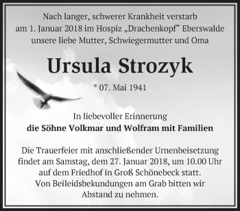 Traueranzeige von Ursula Strozyk von Märkische Oderzeitung