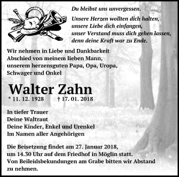 Traueranzeige von Walter Zahn von Märkische Oderzeitung