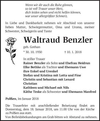 Traueranzeige von Waltraud Benzler von Märkische Oderzeitung