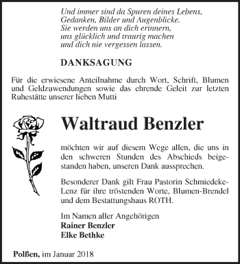 Traueranzeige von Waltraud Benzler von Märkische Oderzeitung