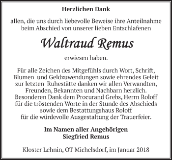 Traueranzeige von Waltraud Remus von Märkische Oderzeitung