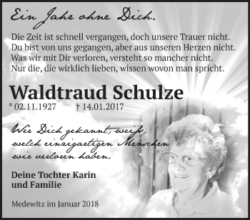 Traueranzeige von Waltraud Schulze von Märkische Oderzeitung