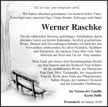 Traueranzeige von Werner Raschke von Märkische Oderzeitung