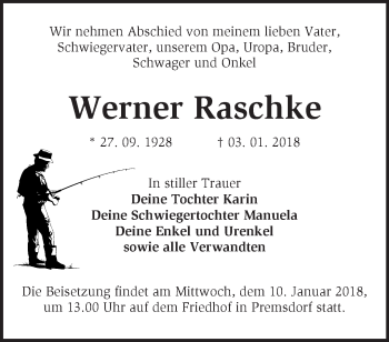 Traueranzeige von Werner Raschke von Märkische Oderzeitung