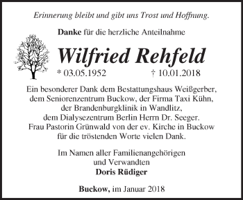 Traueranzeige von Wilfried Rehfeld von Märkische Oderzeitung