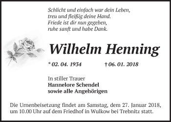 Traueranzeige von Wilhelm Henning von Märkische Oderzeitung