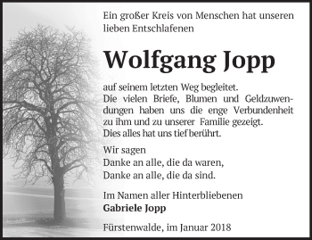 Traueranzeige von Wolfgang Jopp von Märkische Oderzeitung