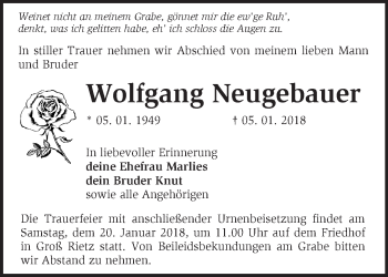 Traueranzeige von Wolfgang Neugebauer von Märkische Oderzeitung