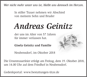 Traueranzeige von Andreas Geinitz von Märkische Oderzeitung