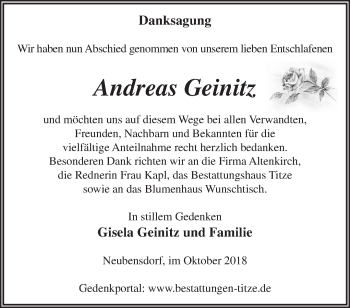 Traueranzeige von Andreas Geinitz von Märkische Oderzeitung