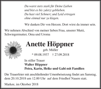 Traueranzeige von Anette Höppner von Märkische Oderzeitung