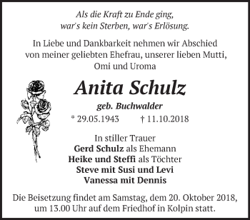 Traueranzeige von Anita Schulz von Märkische Oderzeitung