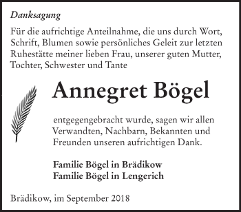 Traueranzeige von Annegret Bögel von Märkische Oderzeitung