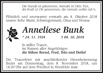 Traueranzeige von Anneliese Bunk von Märkische Oderzeitung